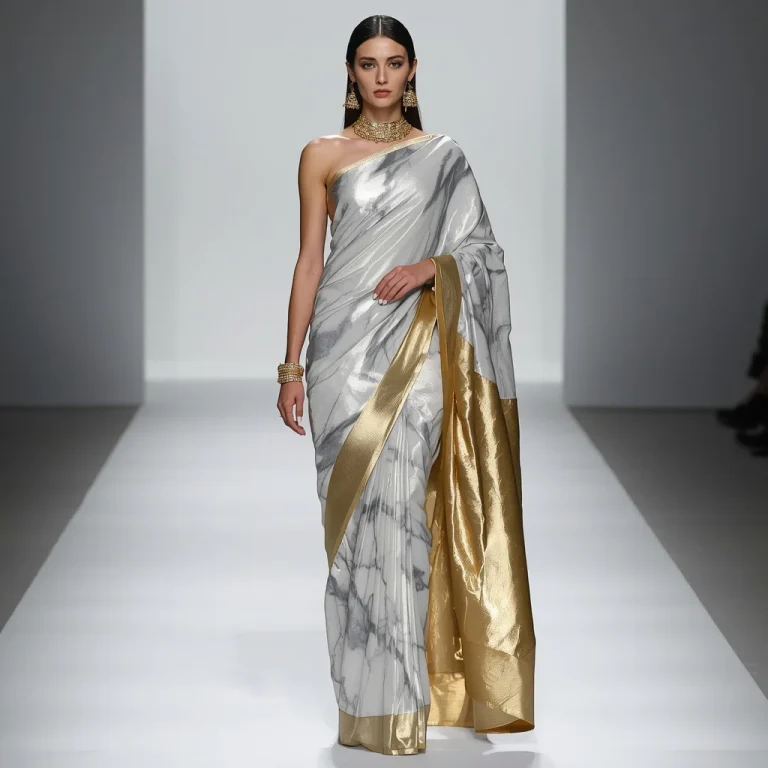 A Beautiful Woman in a Marble Couture Saree with a Liquid Gold Flow | new trending prompt chatgpt