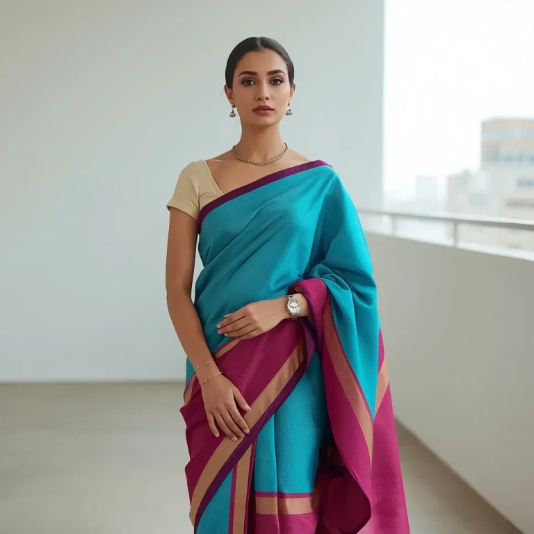 A Modern Woman Gracefully Draped in a Vibrant Contemporary Saree | prompt for traditional look for girl and girl