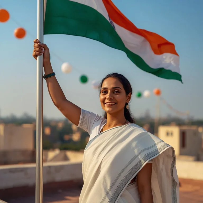 A Proud Indian Woman Hoisting The National Flag On Independence Day | indian independence day prompt for gemini