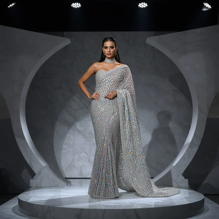 A Stylish Woman in a Crystal Armor Saree on a Marble Couture Stage | saree girl ai prompt