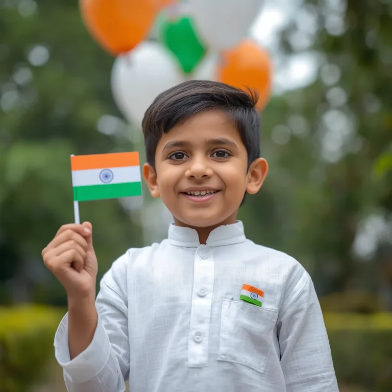 Cheerful young boy holding a small national flag | desh bhakti ai prompt