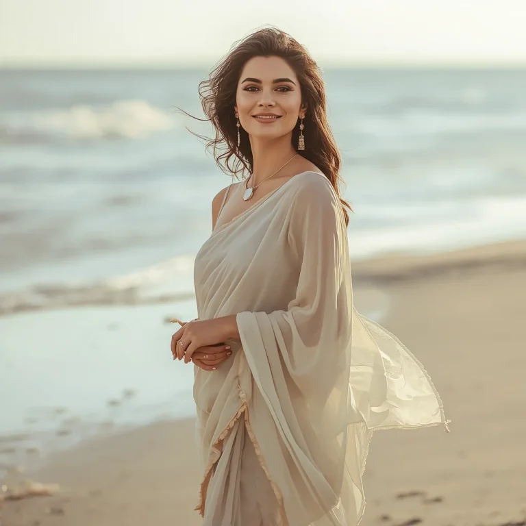 Coastal Sunrise Saree Elegance | chatgpt prompt for photo editing trending