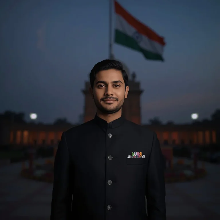 Dignified young man standing at evening flag lowering ceremony outdoor | trending 15 august prompt instagram