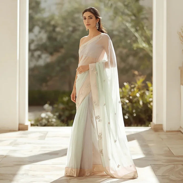 Elegant Pastel Saree with Delicate Floral Embroidery for a Daytime Event | best saree prompt for gemini girl