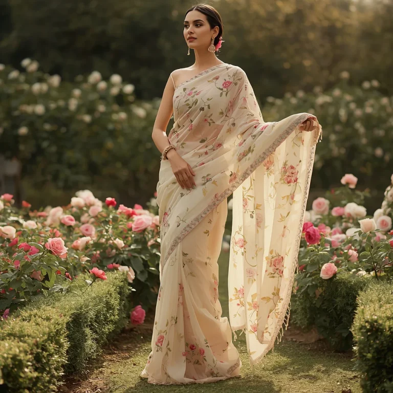 Floral Saree Dream: Ethereal Beauty with Delicate Petal Motifs | retro style prompt for gemini girl in saree copy and paste