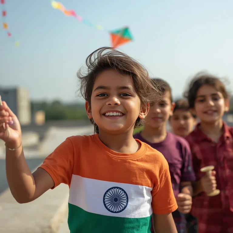 Happy Indian Children Flying Kites Together On Rooftop | happy independence day ai photo