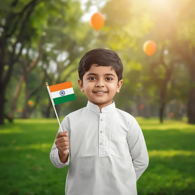 Happy Young Boy Holding A Small Flag In A Sunlit Park | indian independence day prompt for gemini