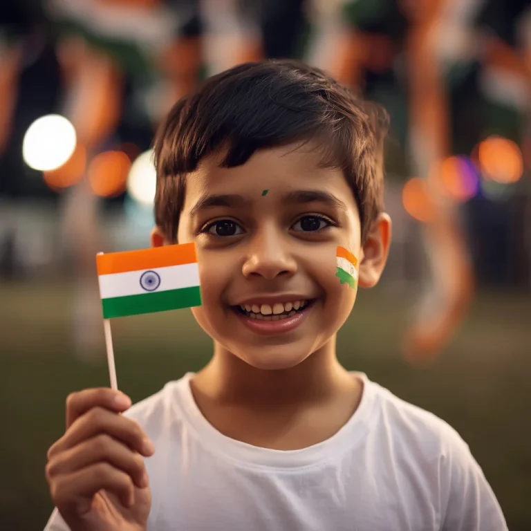 Happy young boy with small Indian flag painted on cheek | independence day prompt chatgpt