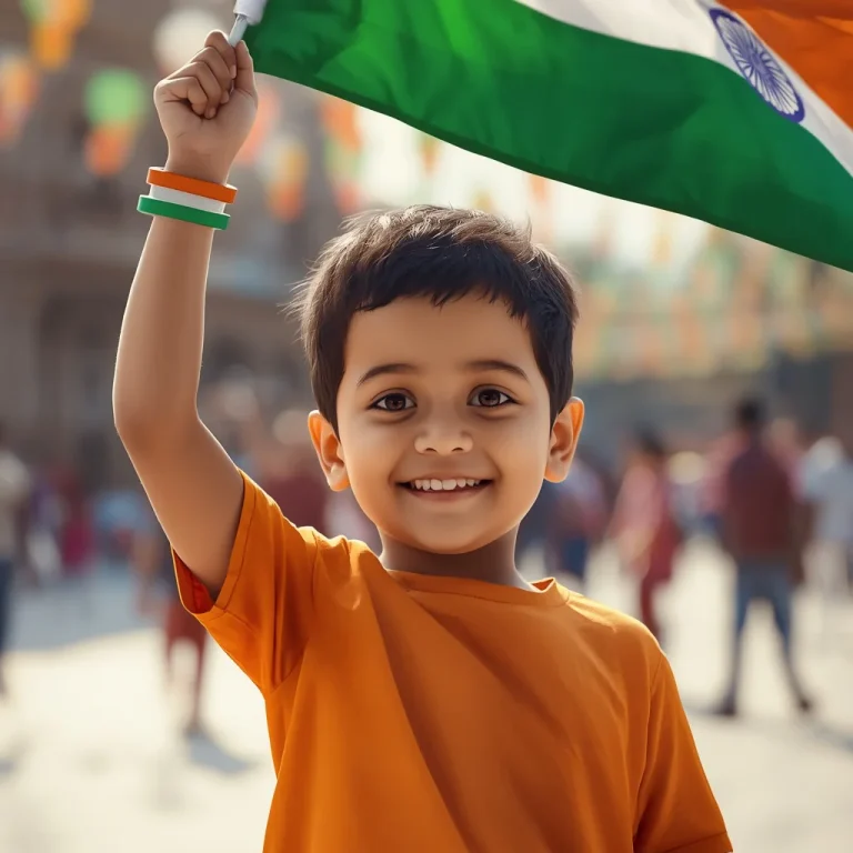 Happy young child waving Indian flag with joy | indian independence day prompt for gemini
