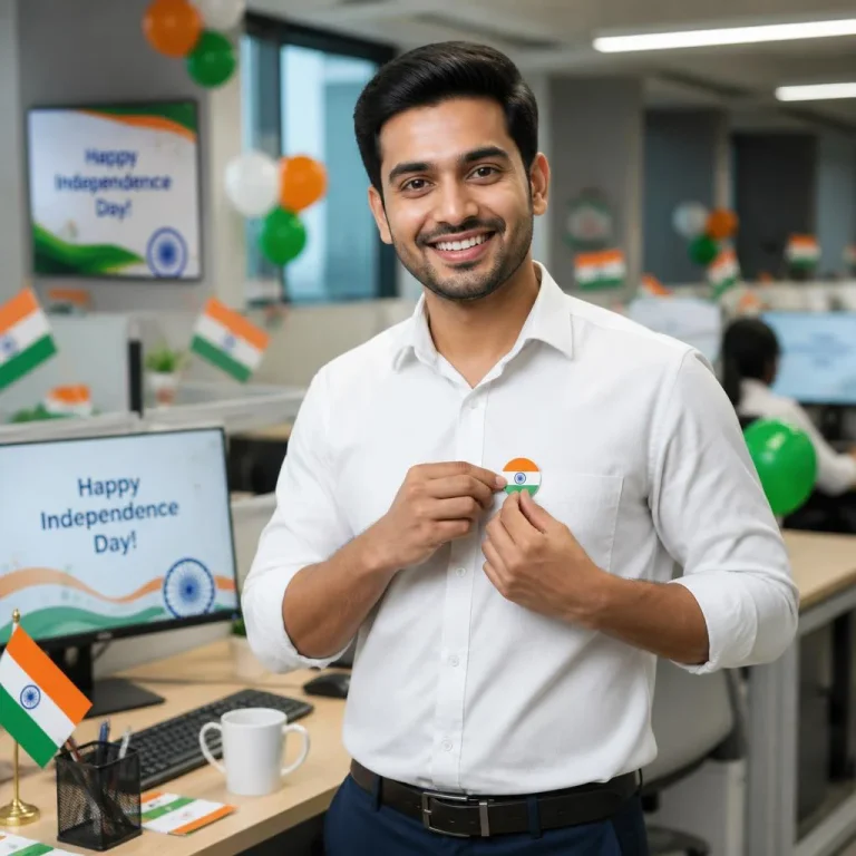 Indian Male Employee Decorating His Desk For Independence Day | 15 august ai prompt