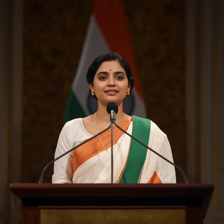 Inspired young female leader giving an Independence Day speech indoors | 15 august ai prompt