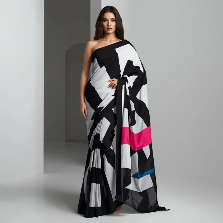 Modern Designer Saree: Contemporary Fusion with Geometric Patterns | new prompt girl