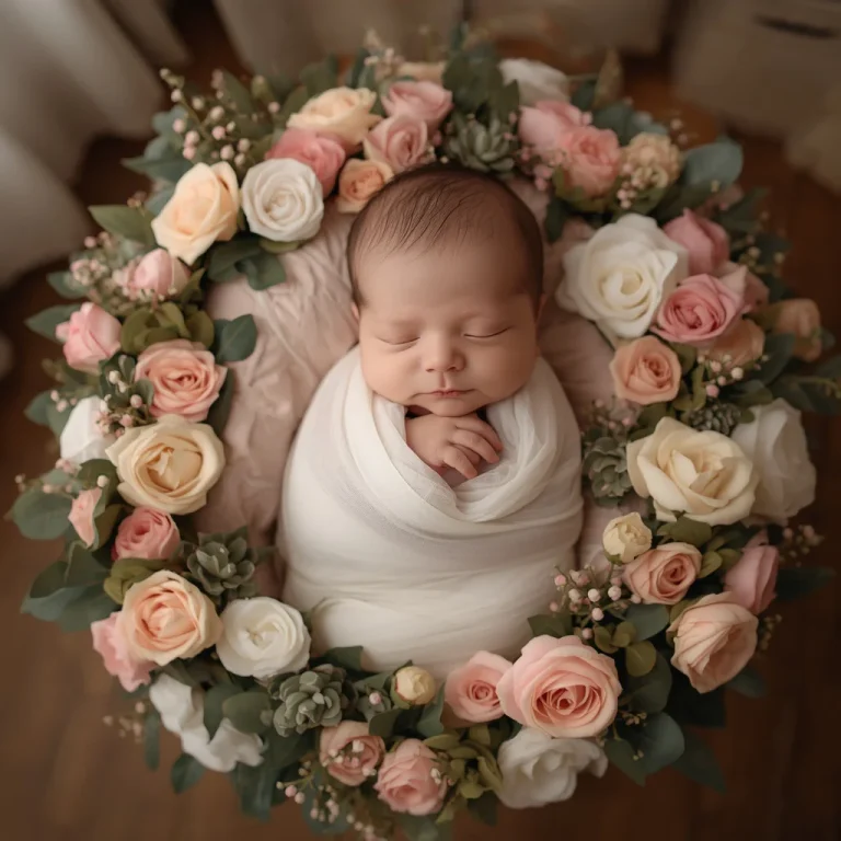 Newborn Baby in Floral Wreath | infant photography ai prompt