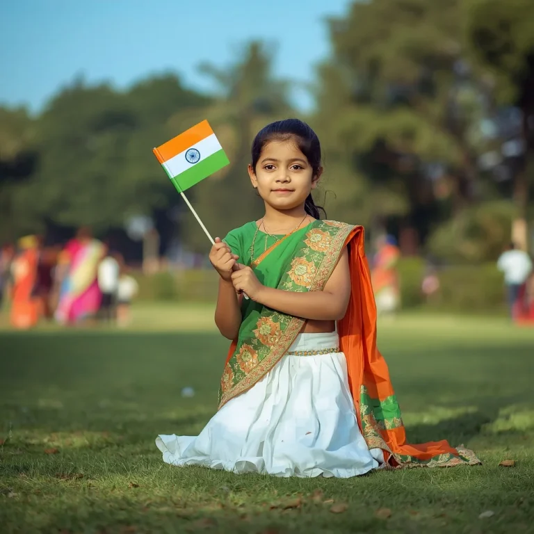 Patriotic Little Girl Holding Flag For Independence Day | trending 15 august prompt instagram