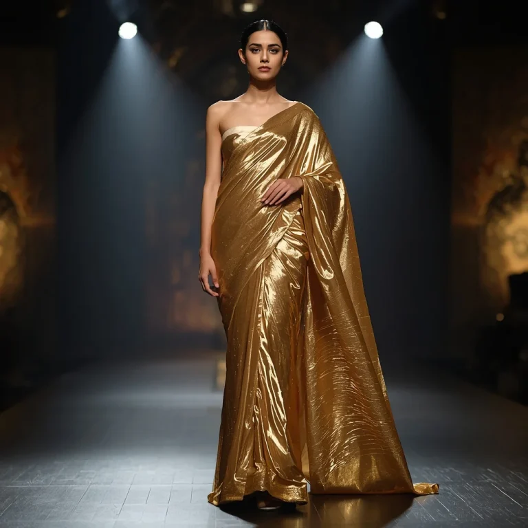 Stunning Beautiful Girl in a Liquid Gold Saree on an Opulent Stage | new ai prompt for image generation free
