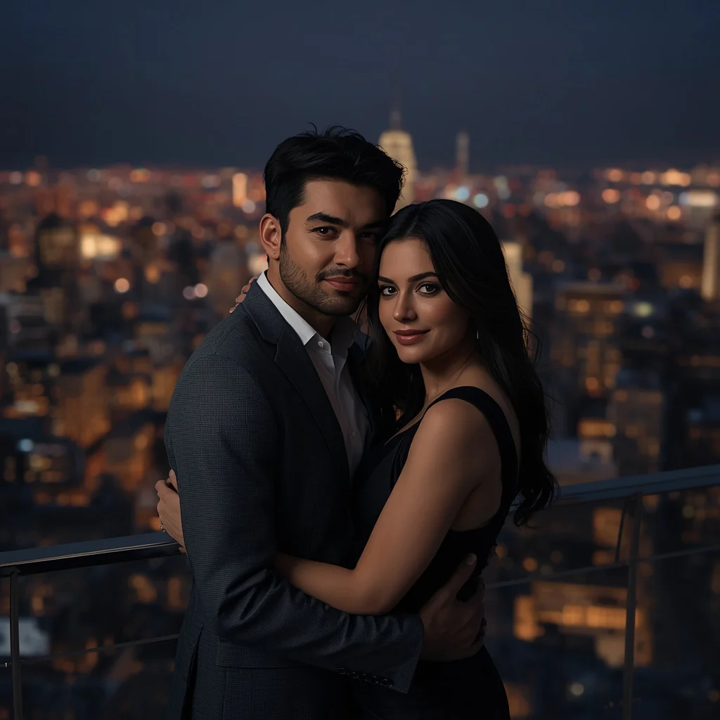 City Lights Cuddle | Prompt seen romantic Couple AI photo Editing online