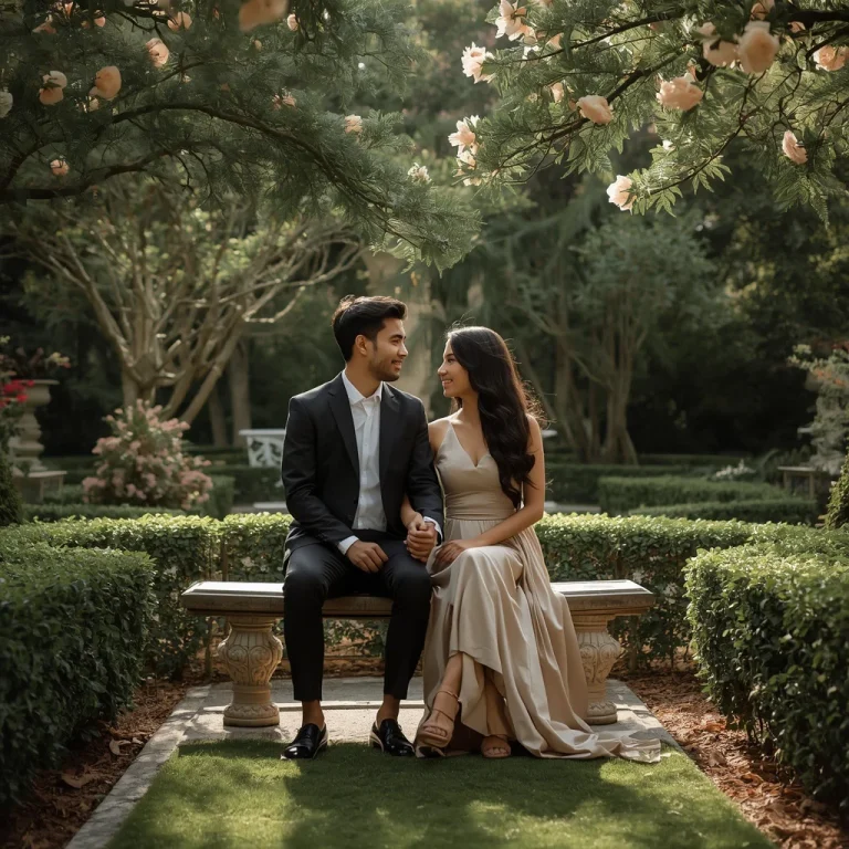 Dream Couple Portrait: Serenity and Affection in a Lush Garden | Romantic couple AI prompt Indian