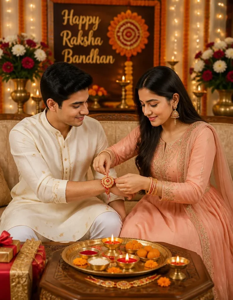 Elegant Sister Tying Rakhi to Brother