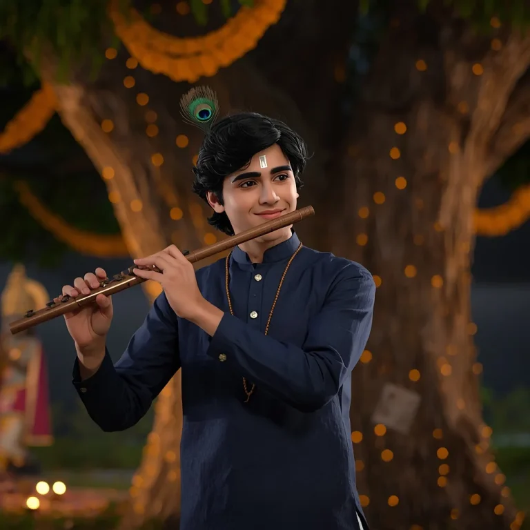 Handsome Boy Playing Bansuri Under a Decorated Tree