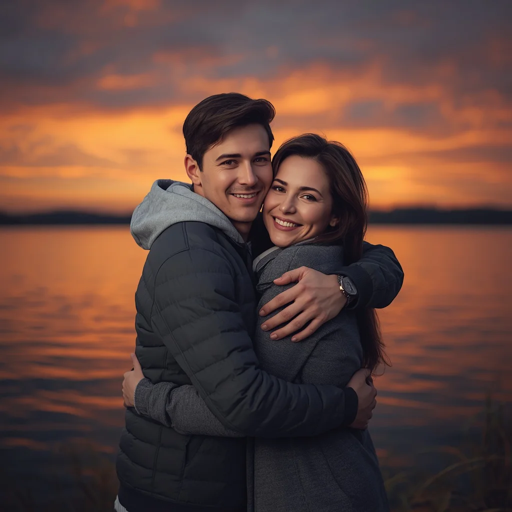 Lakeside Sunset Hug | Prompt seen romantic couple AI photo editing