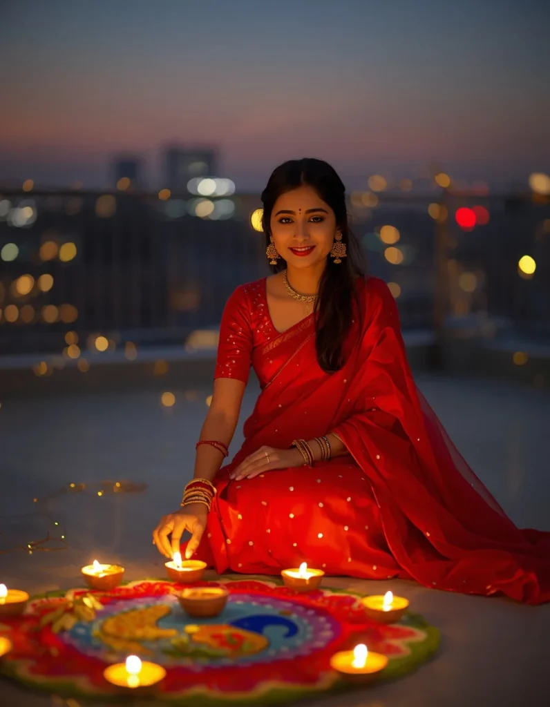 Red Saree Diwali Moment