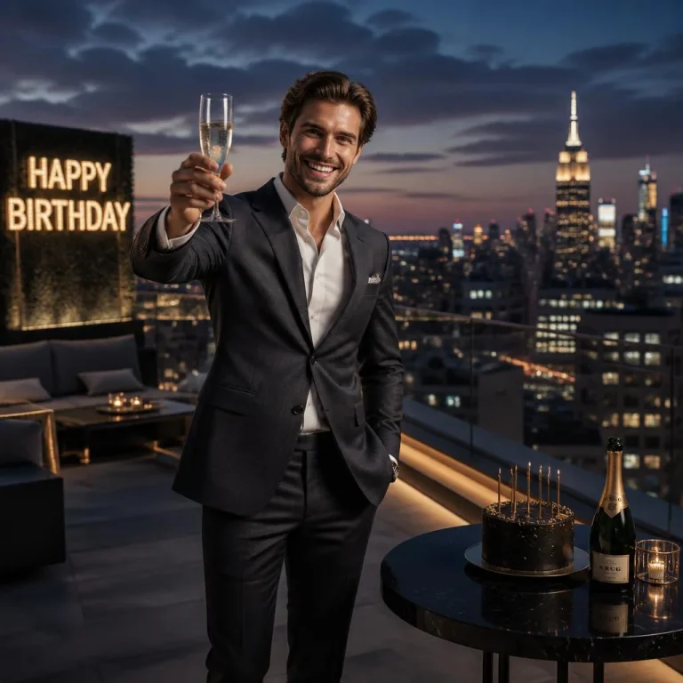 Rooftop Cityscape Birthday Toast | birthday girl ai prompt