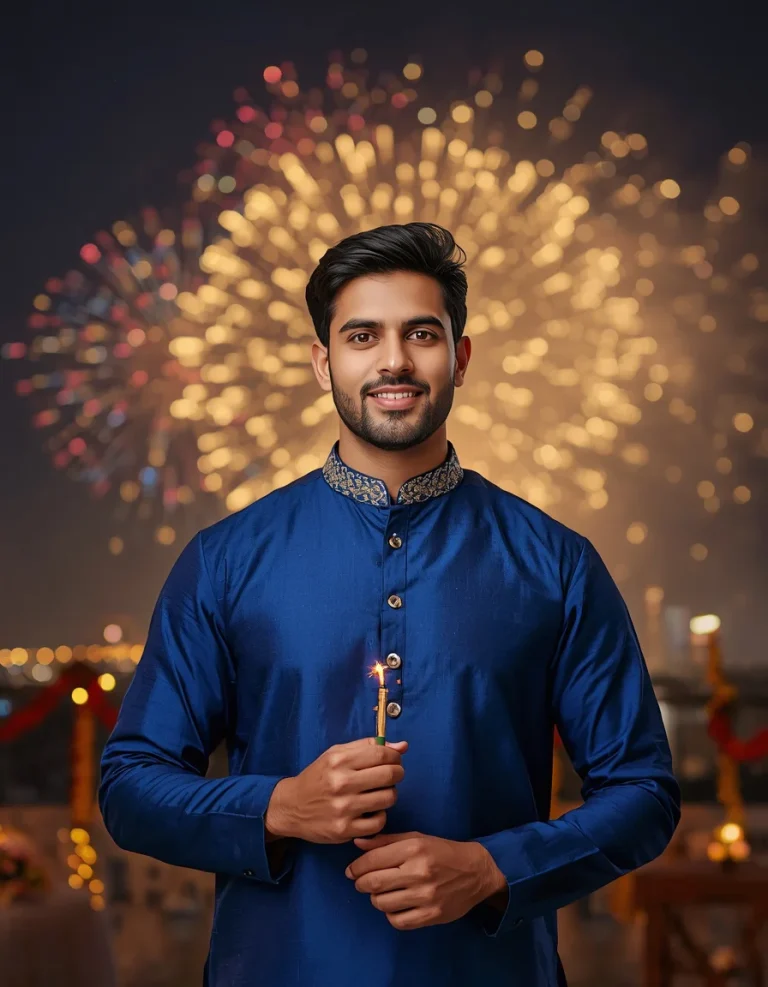 Royal Blue Kurta Fireworks Portrait