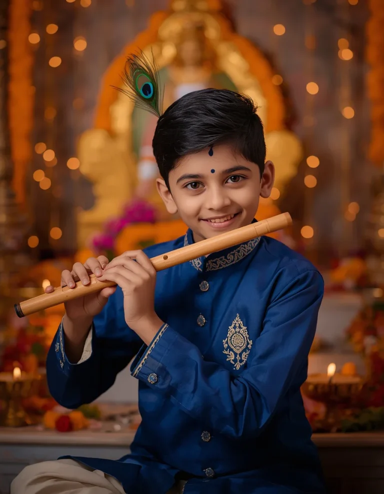 Young Krishna Inspired Boy Playing Flute Under Temple Lights